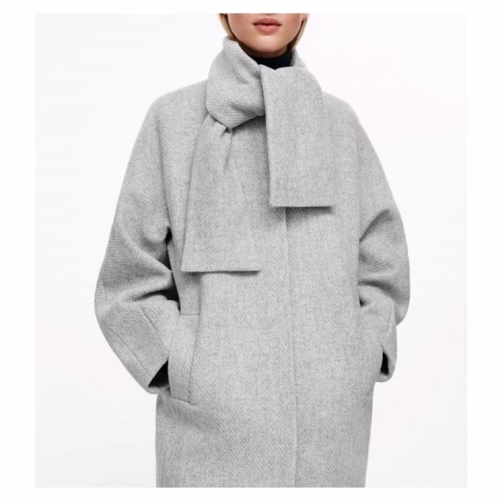 COS Light Grey Winter Cocoon Coat with Scarf Collar - Picture 3 of 4